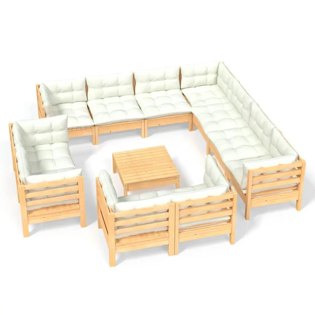 12 Piece Patio Lounge Set Cream Cushions Solid Pinewood Outdoor
