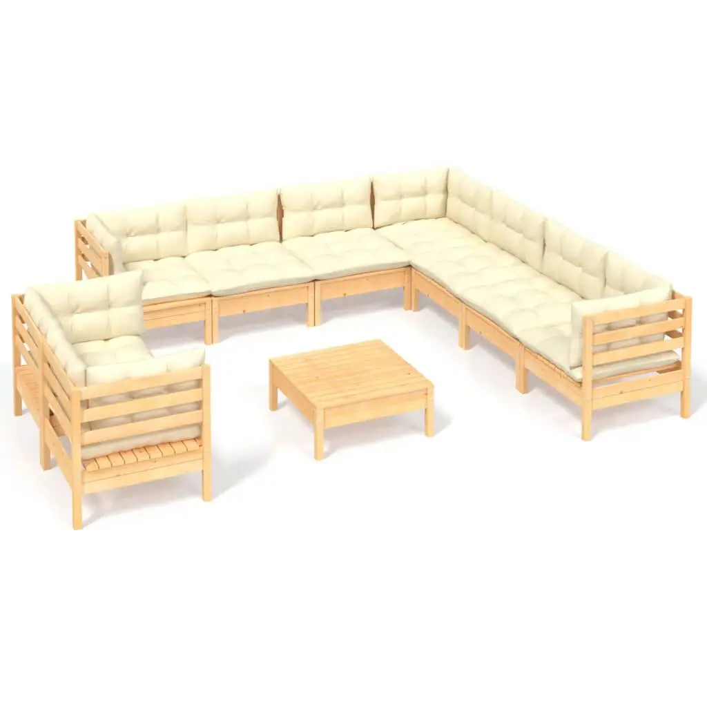 10 Piece Patio Lounge Set Cream Cushions Solid Pinewood Outdoor Furniture