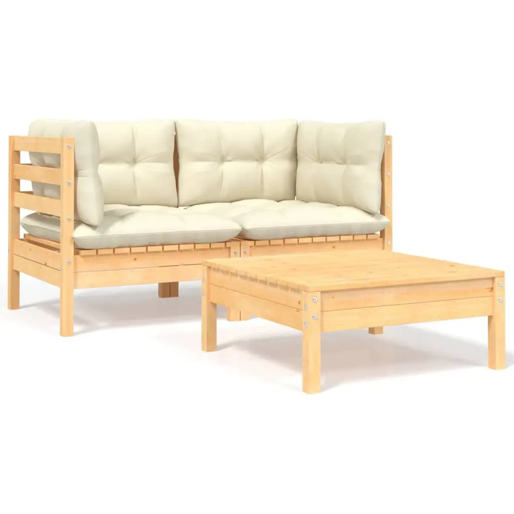3 Piece Patio Lounge Set Cream Cushions Solid Pinewood Outdoor Furniture