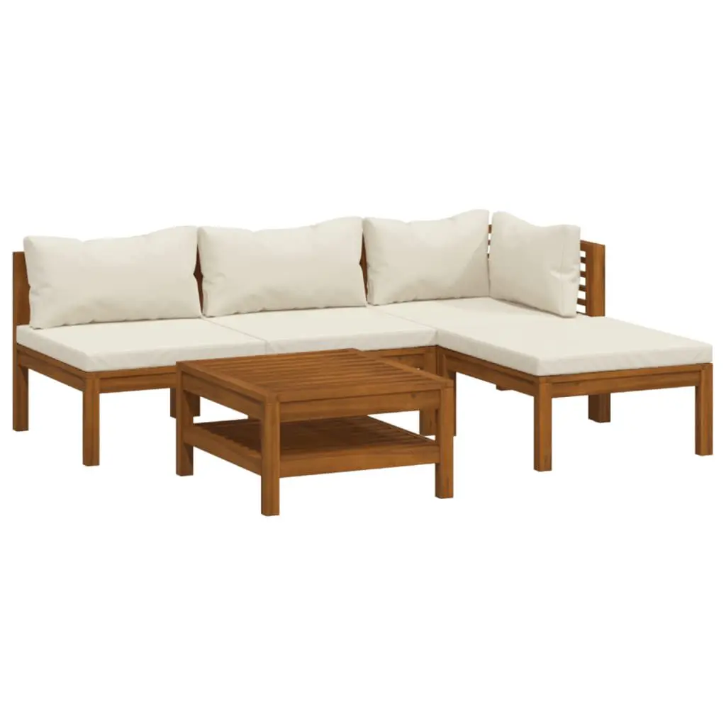 5 Piece Patio Lounge Set Cream Cushions Solid Acacia Wood Outdoor