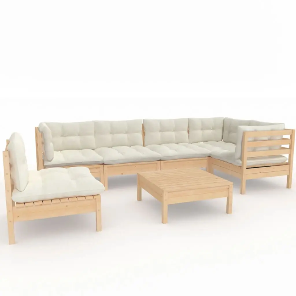 7 Piece Patio Lounge Set Cream Cushions Pinewood