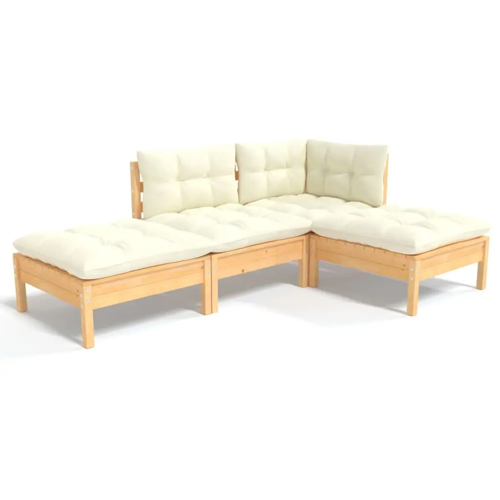 4 Piece Patio Lounge Set Cream Cushions Solid Pinewood Outdoor Furniture