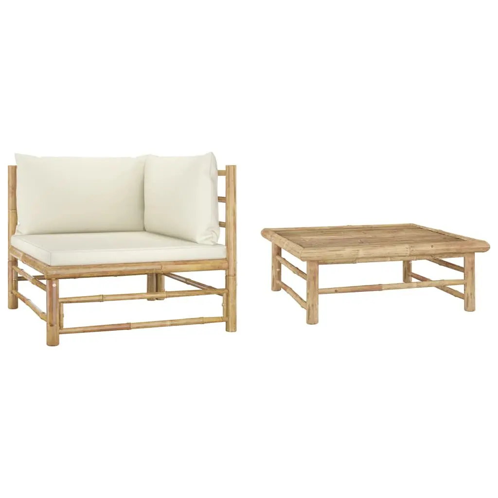 2 Piece Patio Lounge Set Cream White Cushions Bamboo Outdoor Furniture
