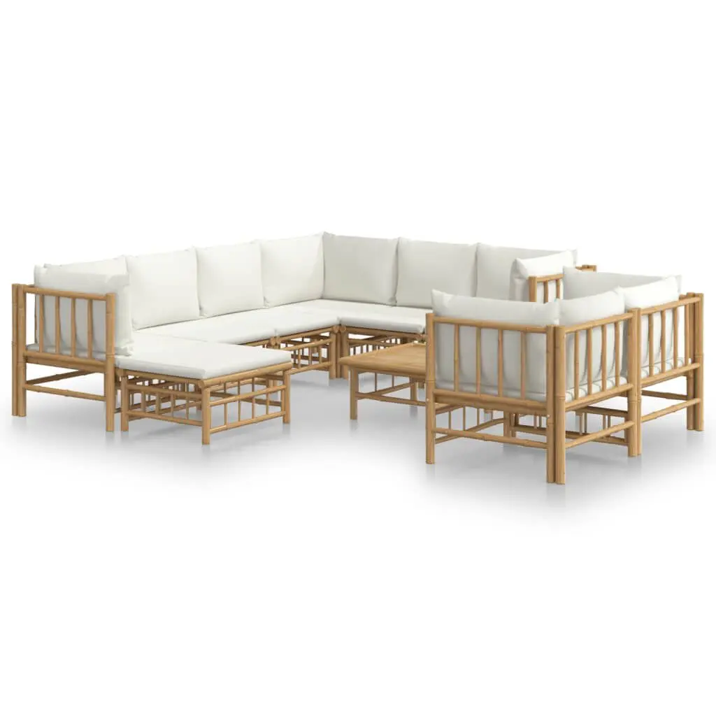 10 Piece Patio Lounge Set Cream White Cushions Bamboo Outdoor Furniture