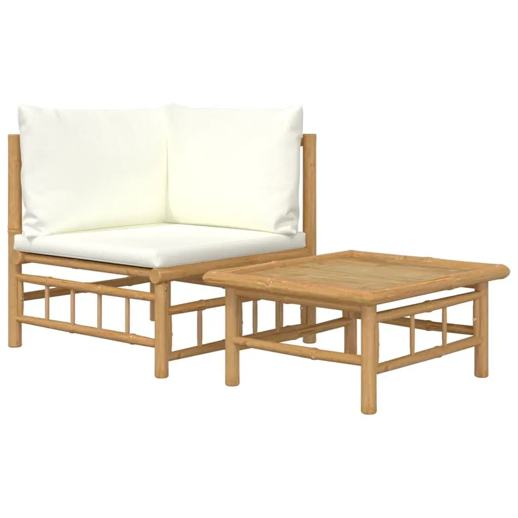 2 Piece Patio Lounge Set Cream White Cushions Bamboo Outdoor Furniture