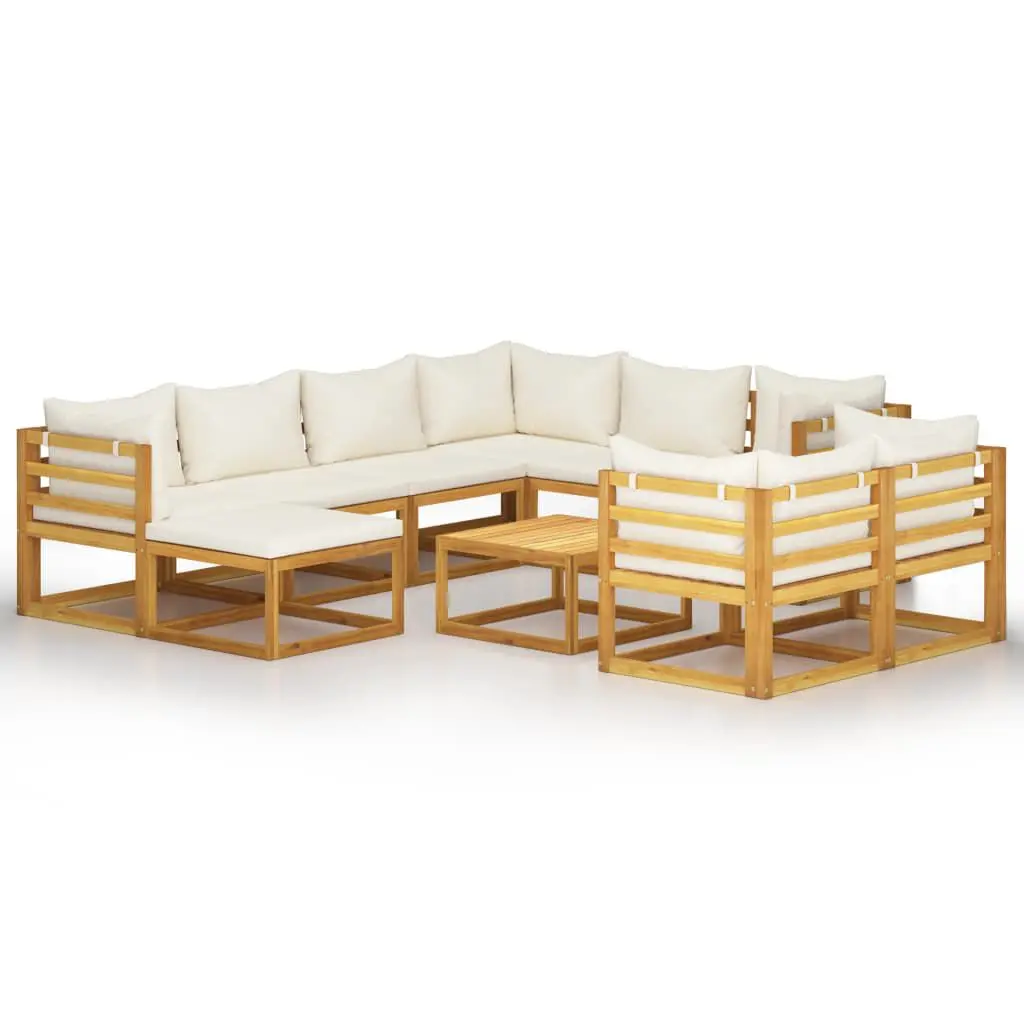 10 Piece Patio Lounge Set Cushion Cream Solid Acacia Wood Outdoor