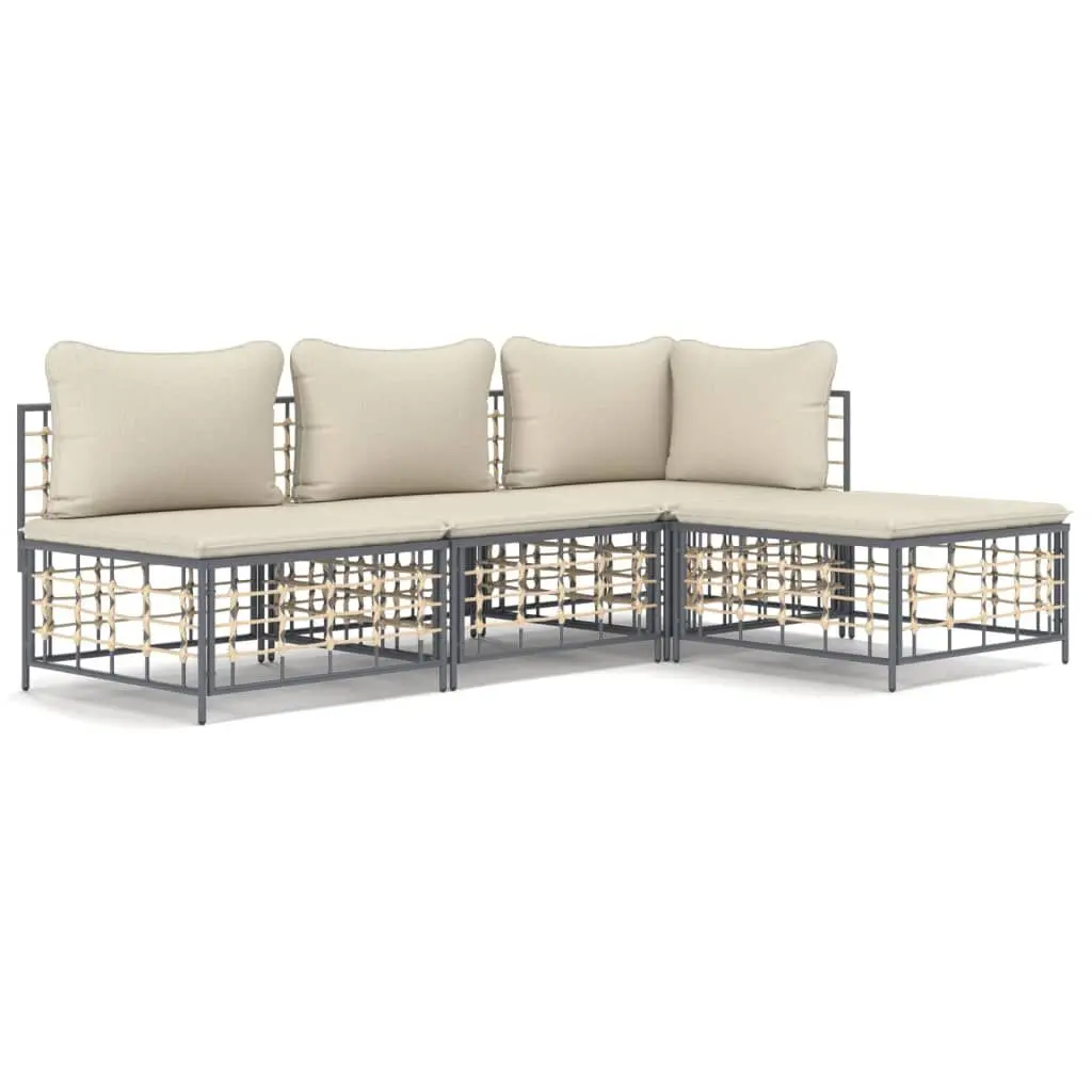 4 Piece Patio Lounge Set Cushions Anthracite Poly Rattan Outdoor Furniture