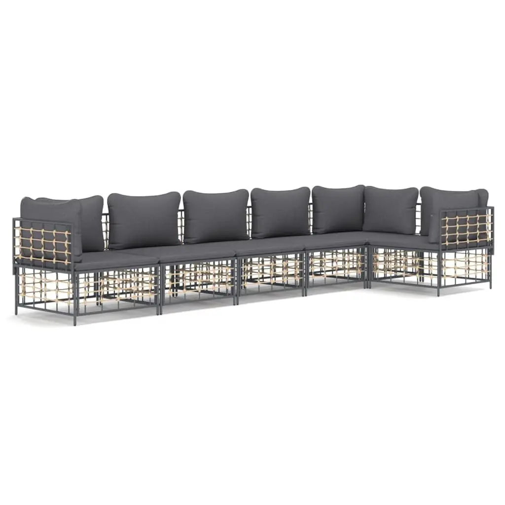 6 Piece Patio Lounge Set Cushions Anthracite Poly Rattan Outdoor Furniture