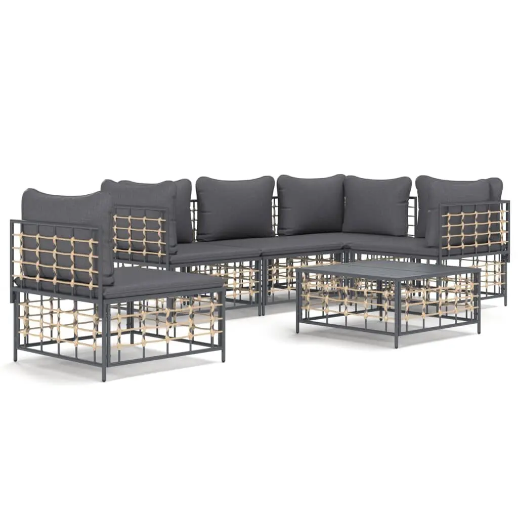 6 Piece Patio Lounge Set Cushions Anthracite Poly Rattan Outdoor Furniture