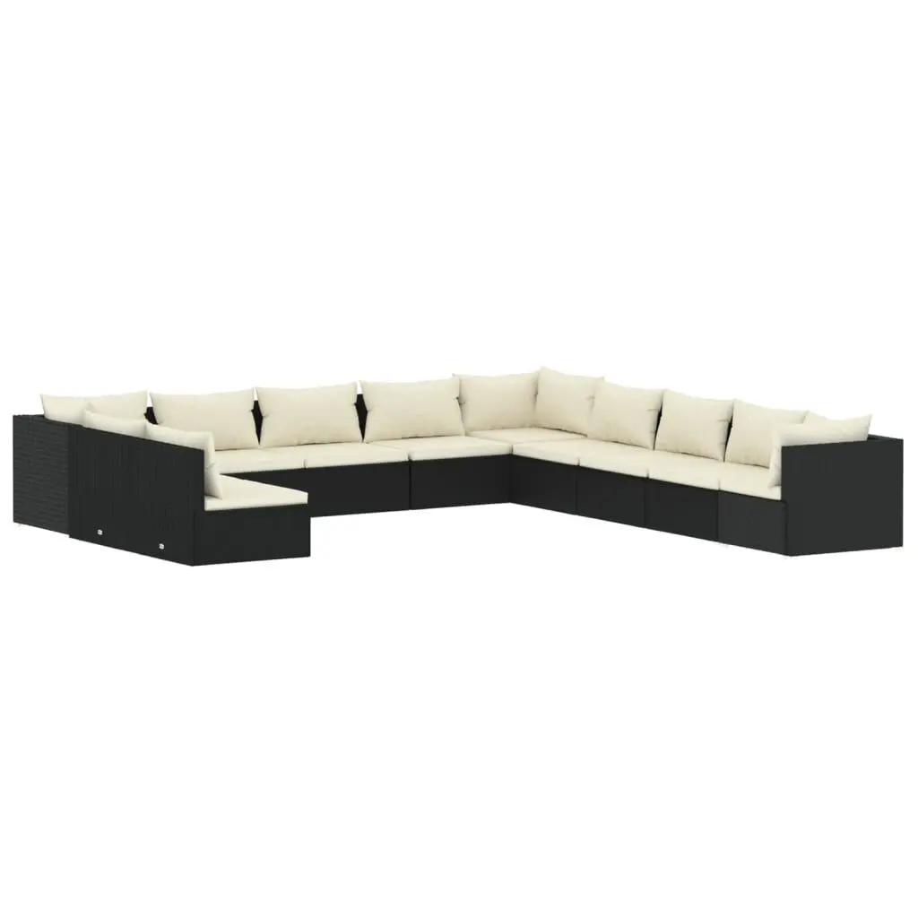 11 Piece Patio Lounge Set Cushions Black Poly Rattan Outdoor Furniture