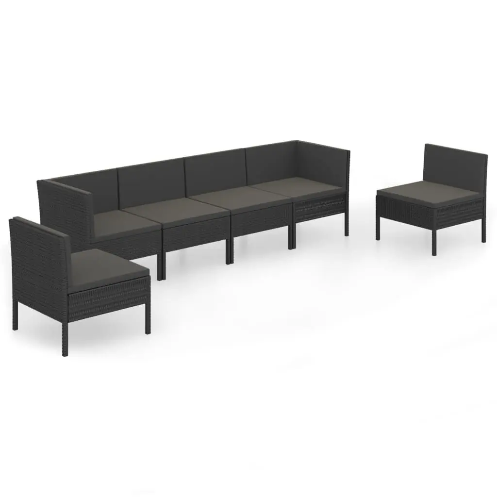 6 Piece Patio Lounge Set Cushions Black Poly Rattan Outdoor Seating