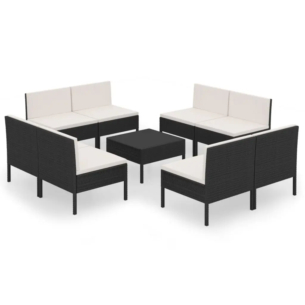 9 Piece Patio Lounge Set Cushions Black Poly Rattan Garden Furniture