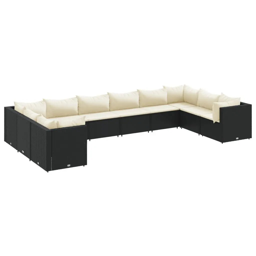 10 Piece Patio Lounge Set Cushions Black Poly Rattan Outdoor Seating