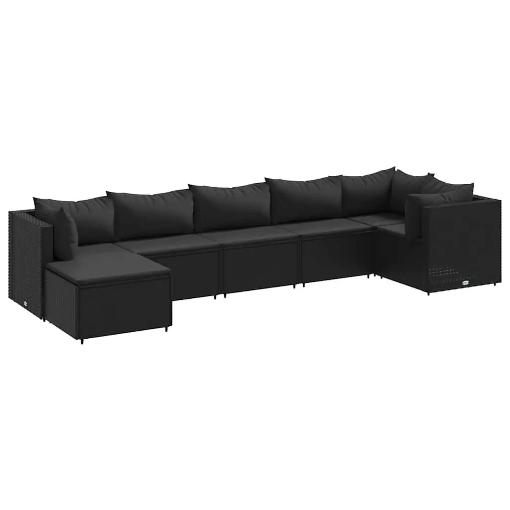 7 Piece Patio Lounge Set Cushions Black Poly Rattan Outdoor Seating