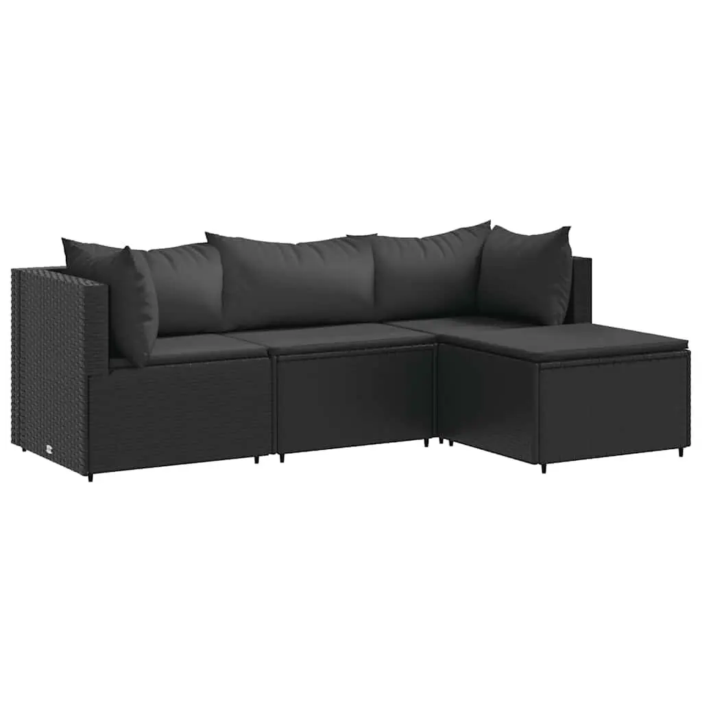 4 Piece Patio Lounge Set Cushions Black Poly Rattan Outdoor Furniture