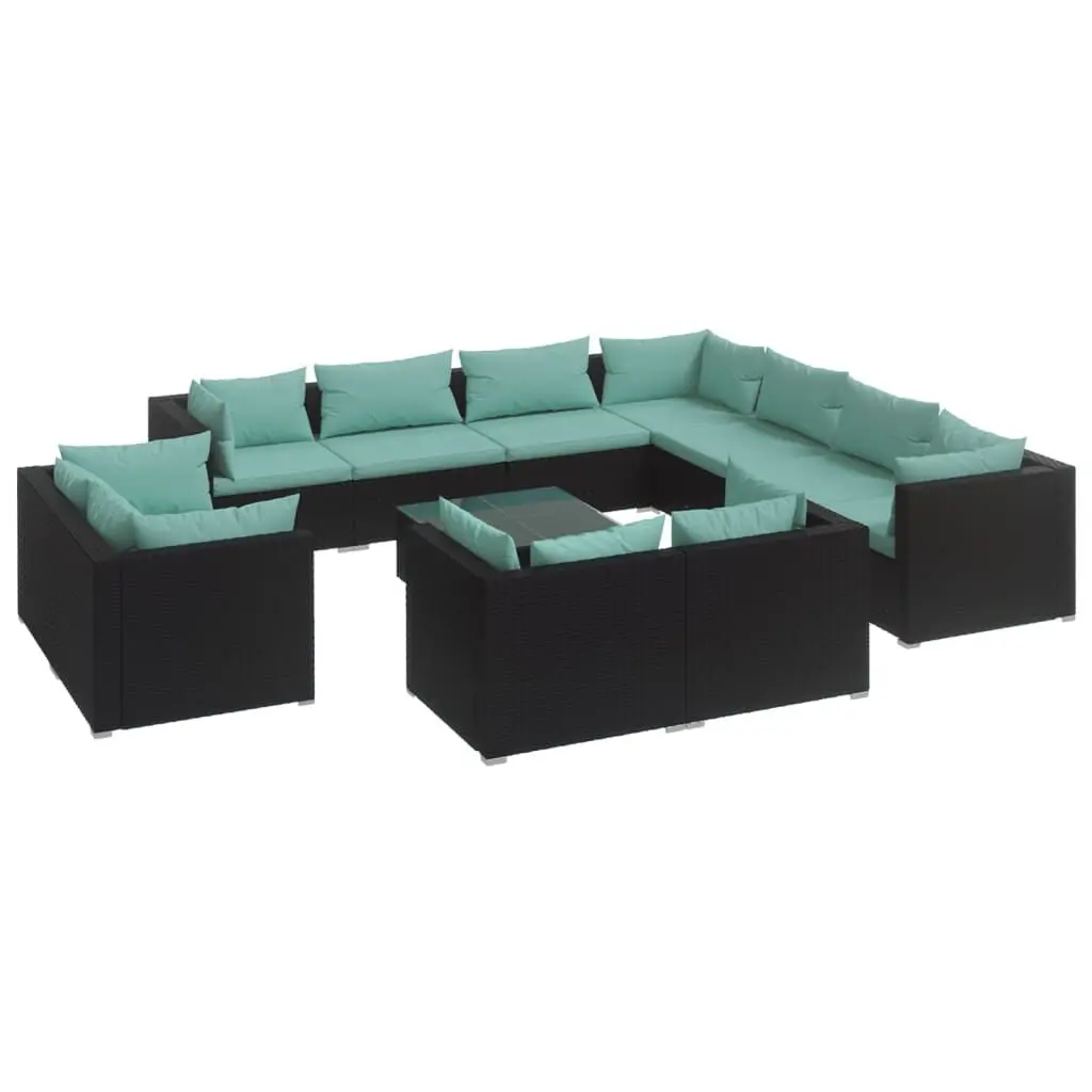 12 Piece Patio Lounge Set Cushions Black Poly Rattan Outdoor Furniture