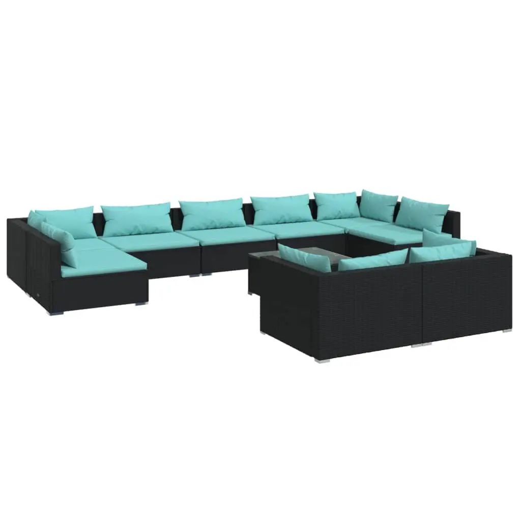 10 Piece Patio Lounge Set Cushions Black Poly Rattan Outdoor Furniture