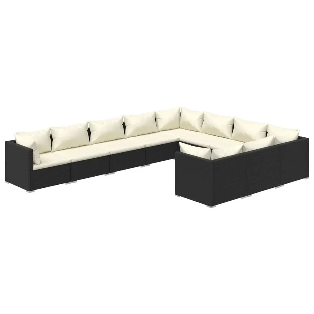 10 Piece Patio Lounge Set Cushions Black Poly Rattan Outdoor Furniture
