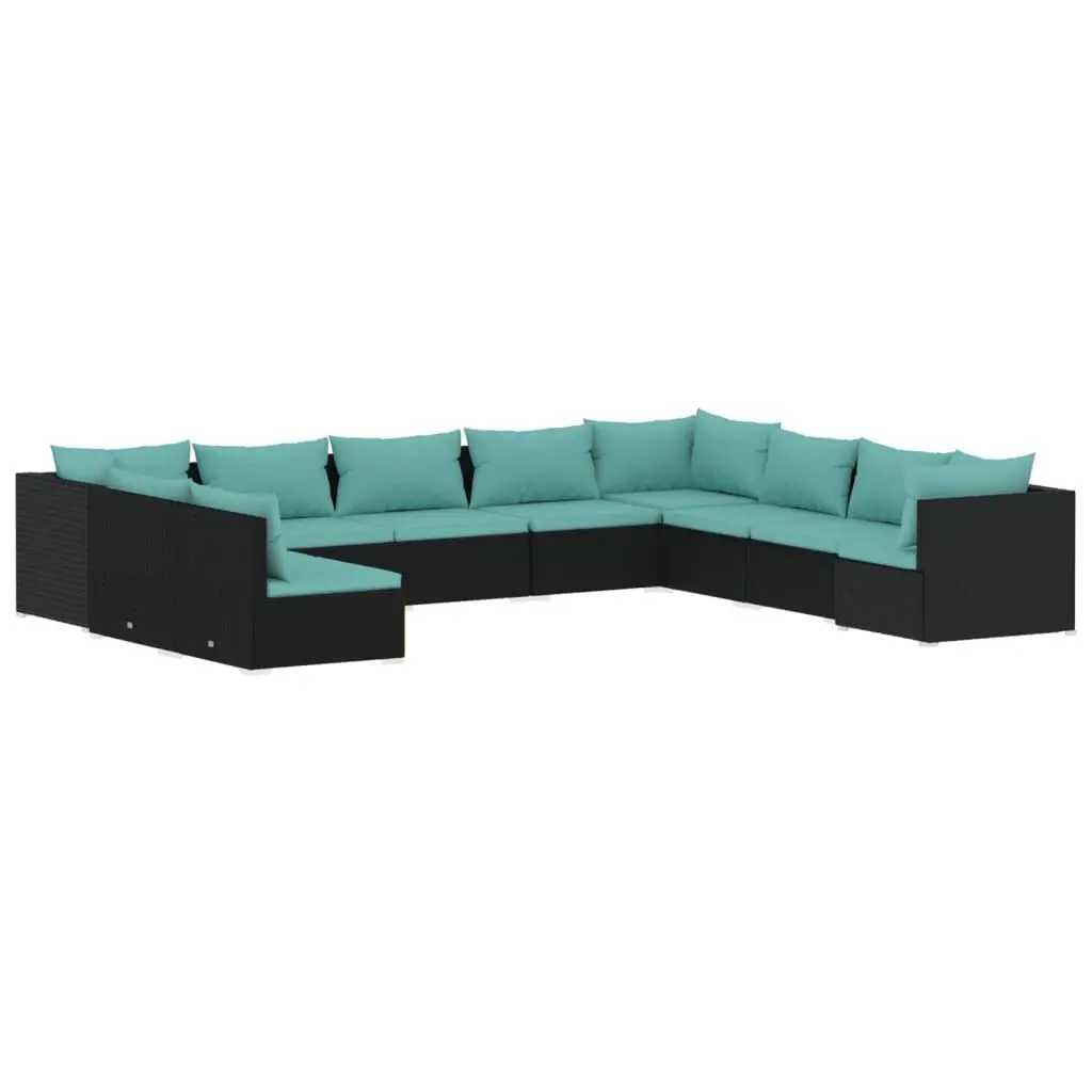 10 Piece Patio Lounge Set Cushions Black Poly Rattan Outdoor Furniture