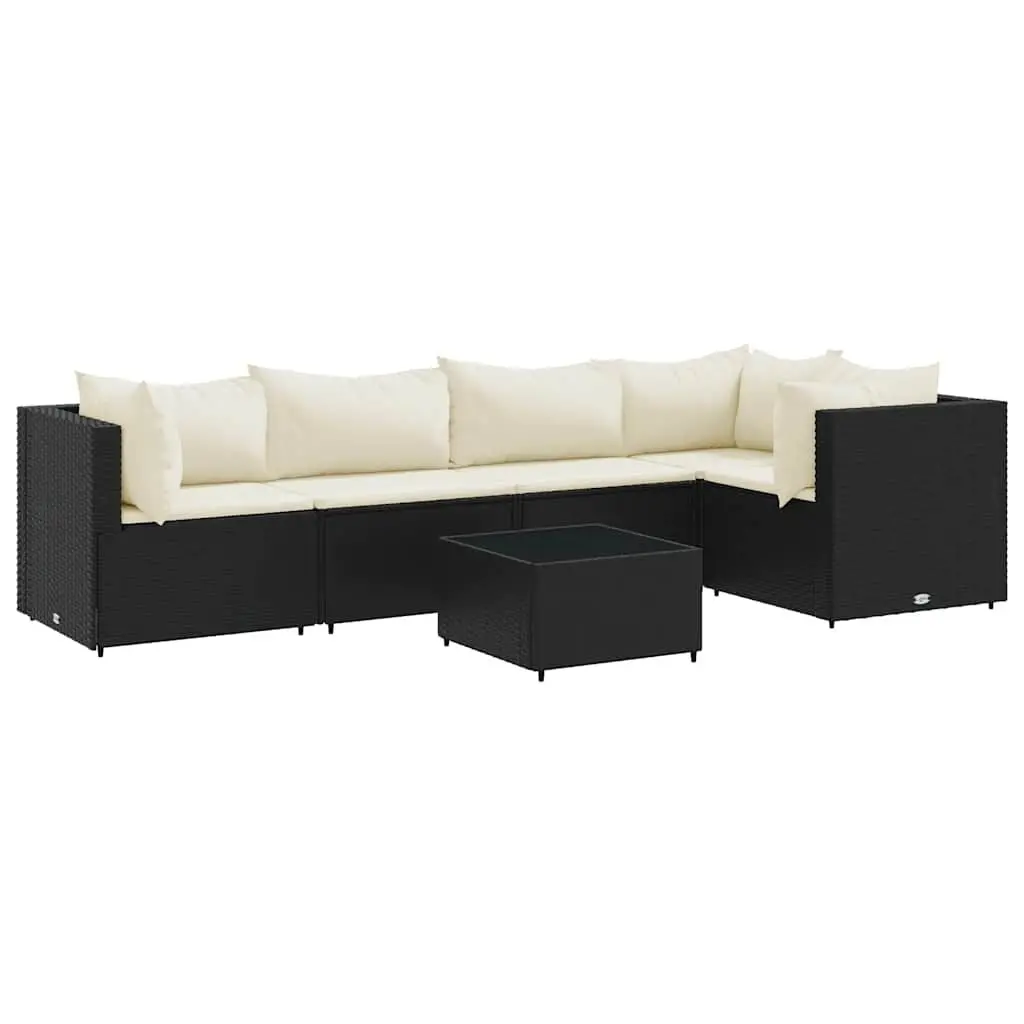 6 Piece Patio Lounge Set Cushions Black Poly Rattan Outdoor Furniture