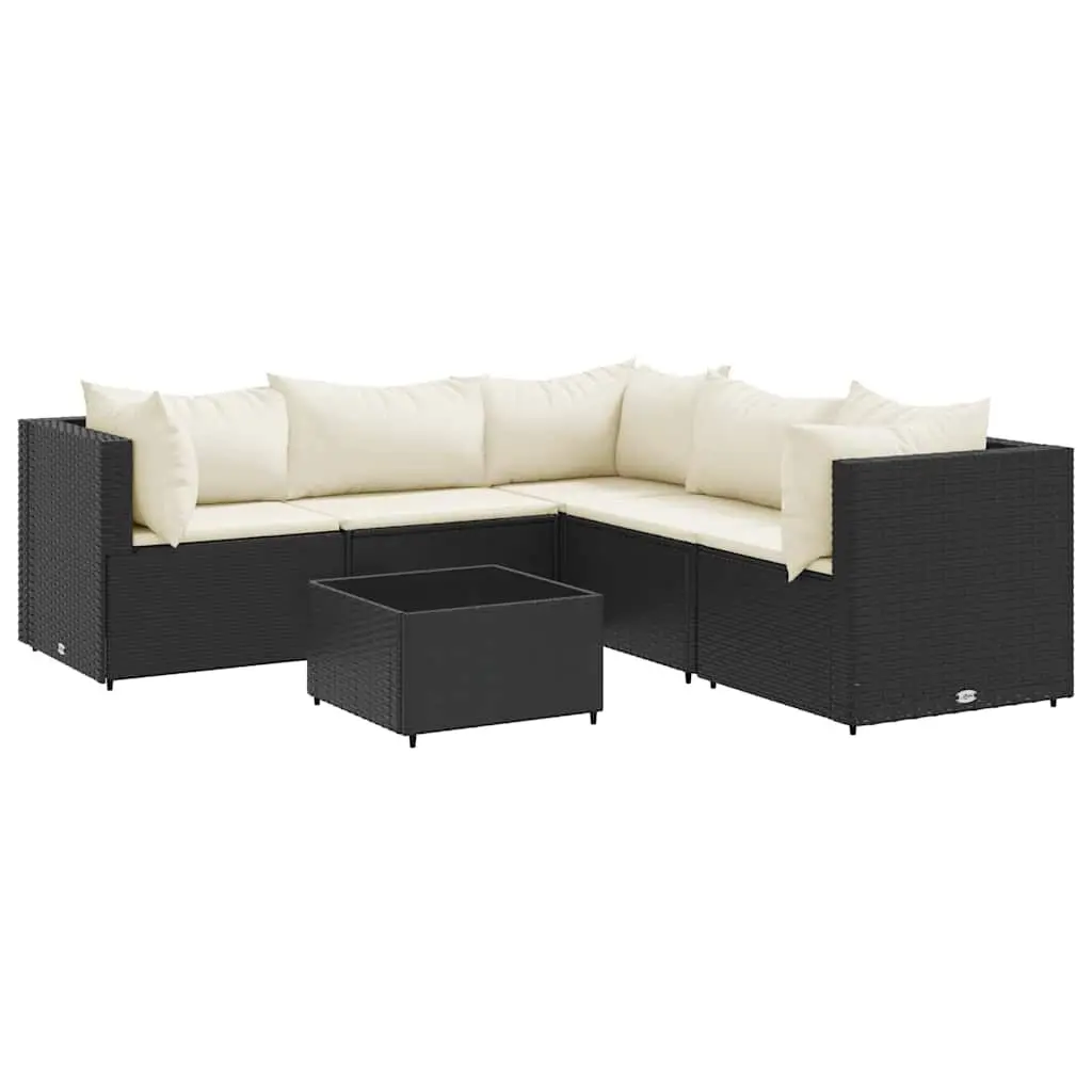 6 Piece Patio Lounge Set Cushions Black Poly Rattan Outdoor Furniture