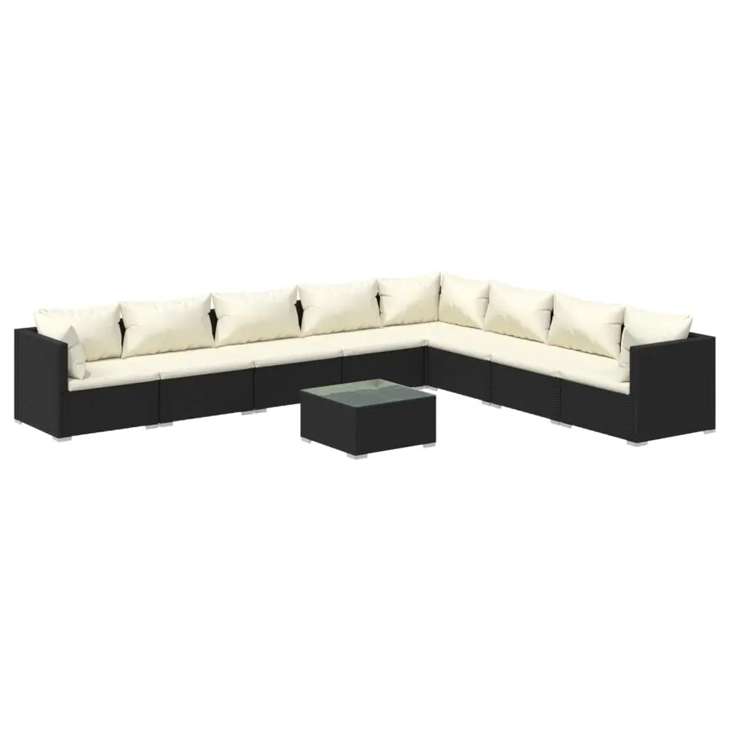 9 Piece Patio Lounge Set Cushions Black Poly Rattan Outdoor Furniture