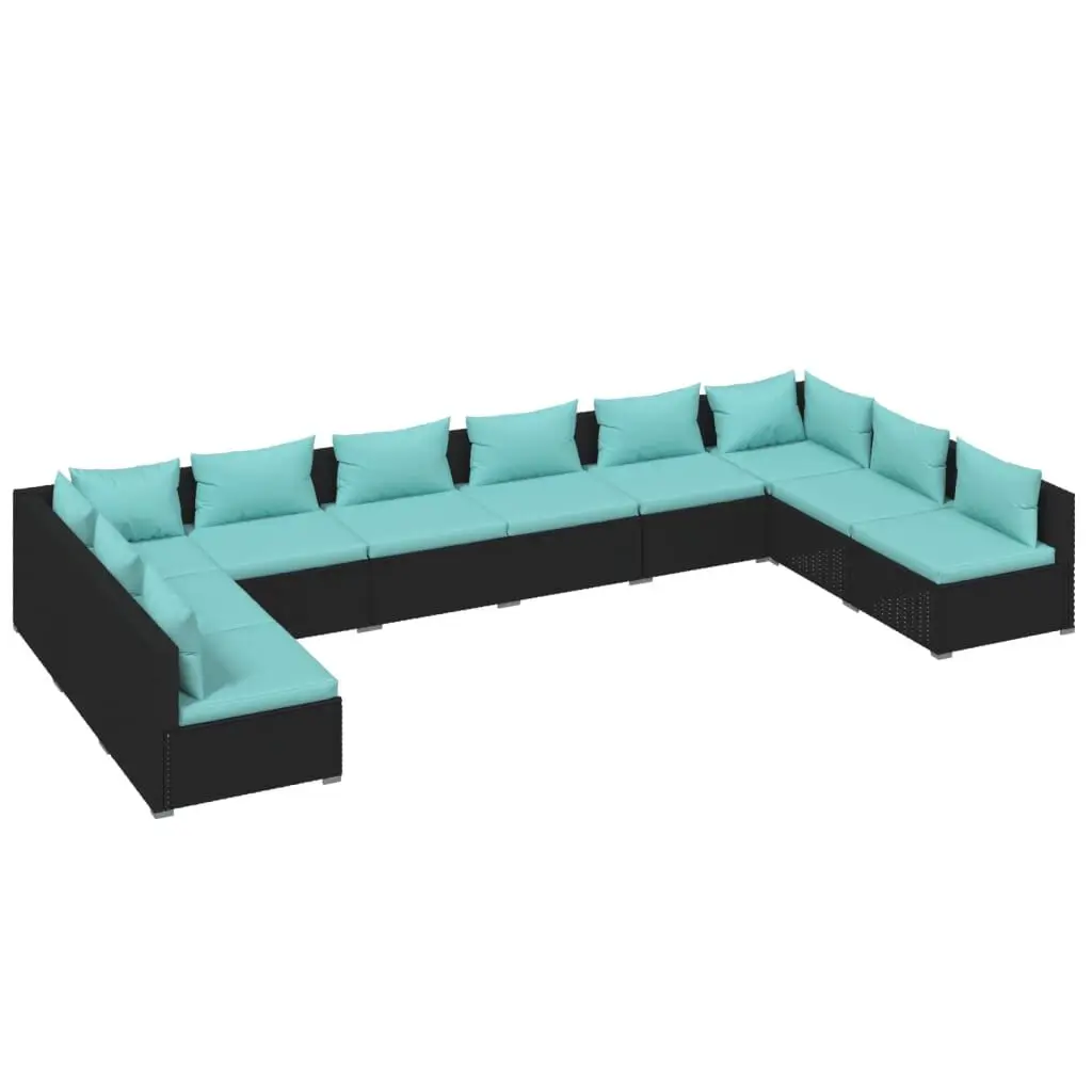 10 Piece Patio Lounge Set Cushions Black Poly Rattan Outdoor Furniture