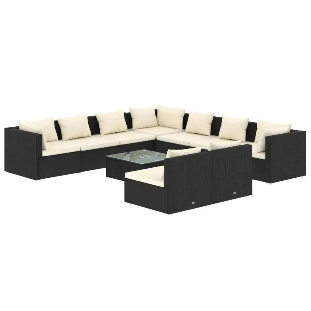 10 Piece Patio Lounge Set Cushions Black Poly Rattan Outdoor Furniture