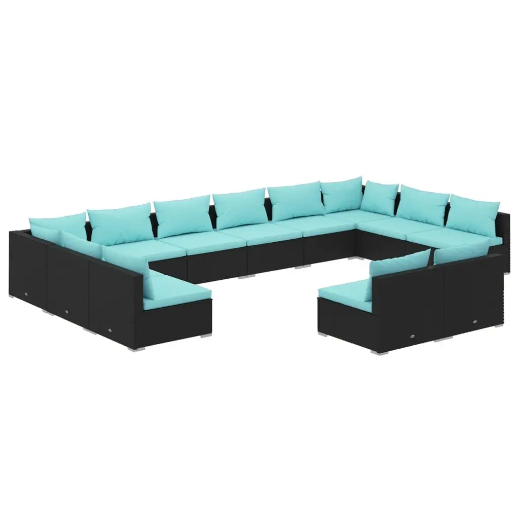 12 Piece Patio Lounge Set Cushions Black Poly Rattan Outdoor Furniture