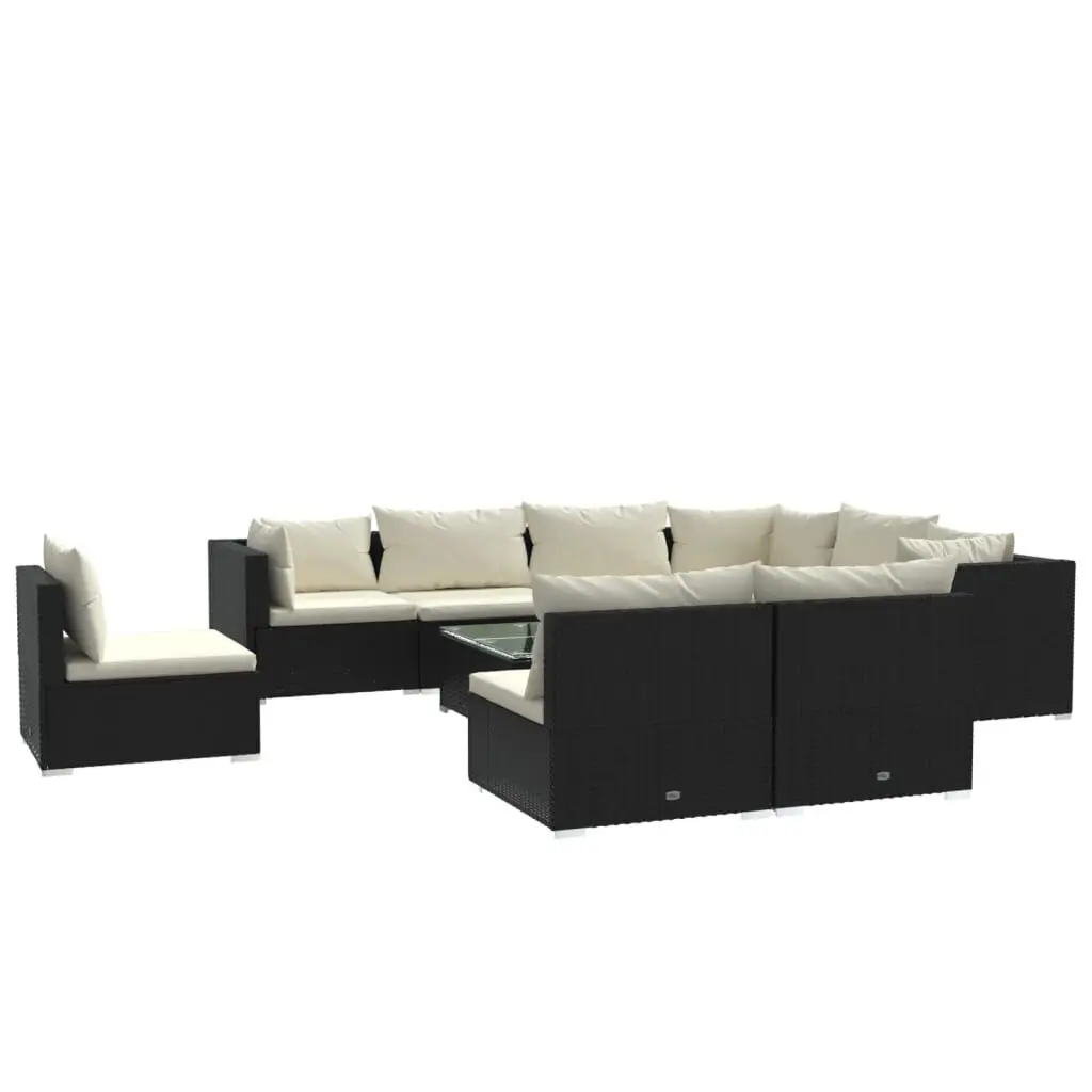 10 Piece Patio Lounge Set Cushions Black Poly Rattan Outdoor Furniture