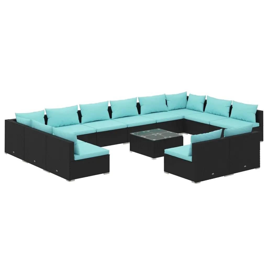 13 Piece Patio Lounge Set Cushions Black Poly Rattan Outdoor Furniture