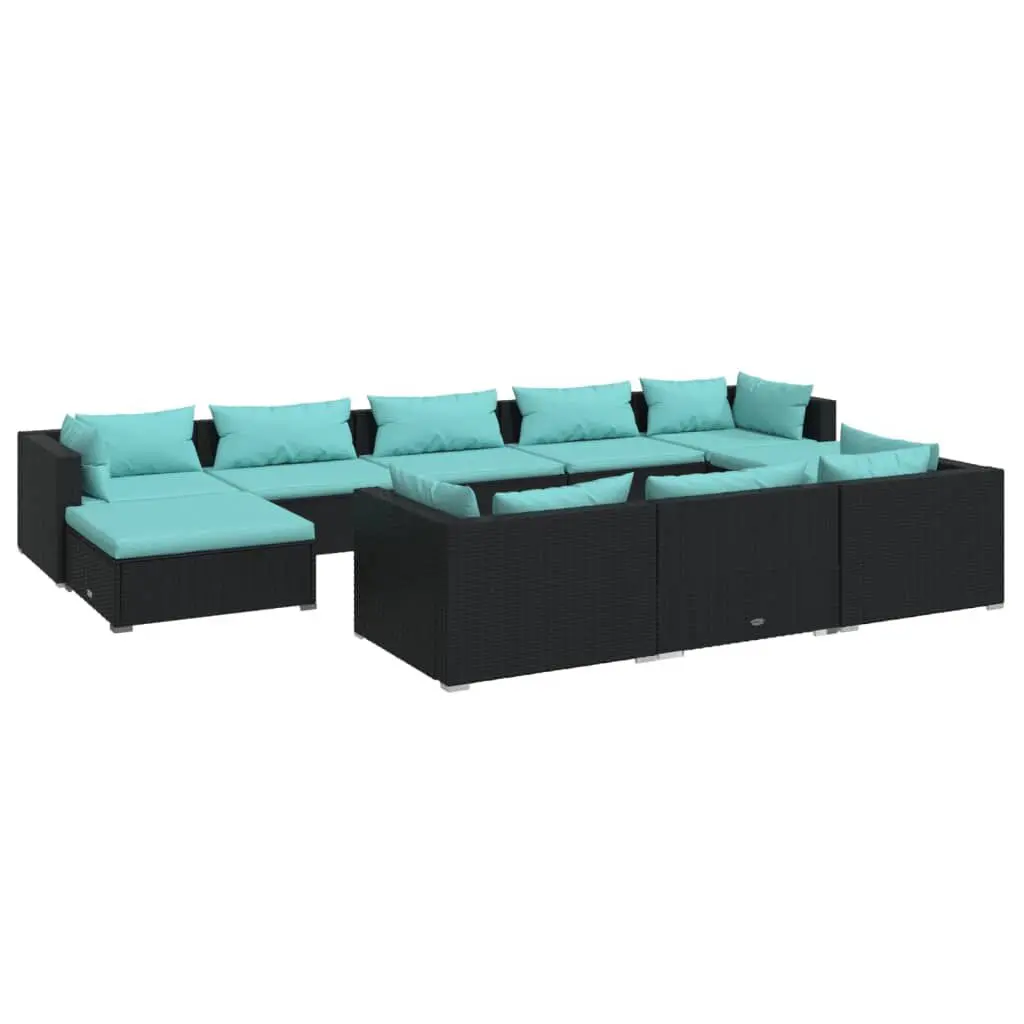 10 Piece Patio Lounge Set Cushions Black Poly Rattan Outdoor Seating