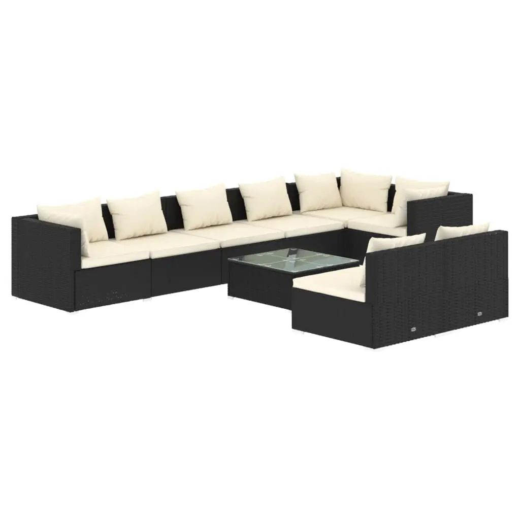 9 Piece Patio Lounge Set Cushions Black Poly Rattan Outdoor Furniture