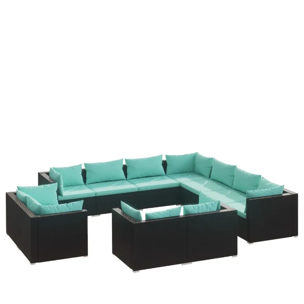 11 Piece Patio Lounge Set Cushions Black Poly Rattan Outdoor Furniture Garden