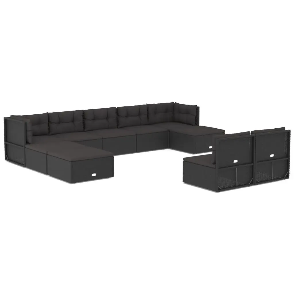 10 Piece Patio Lounge Set Cushions Black Poly Rattan Outdoor Seating Deck or Poolside