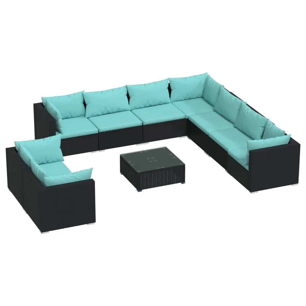 10 Piece Patio Lounge Set Cushions Black Poly Rattan Outdoor Furniture