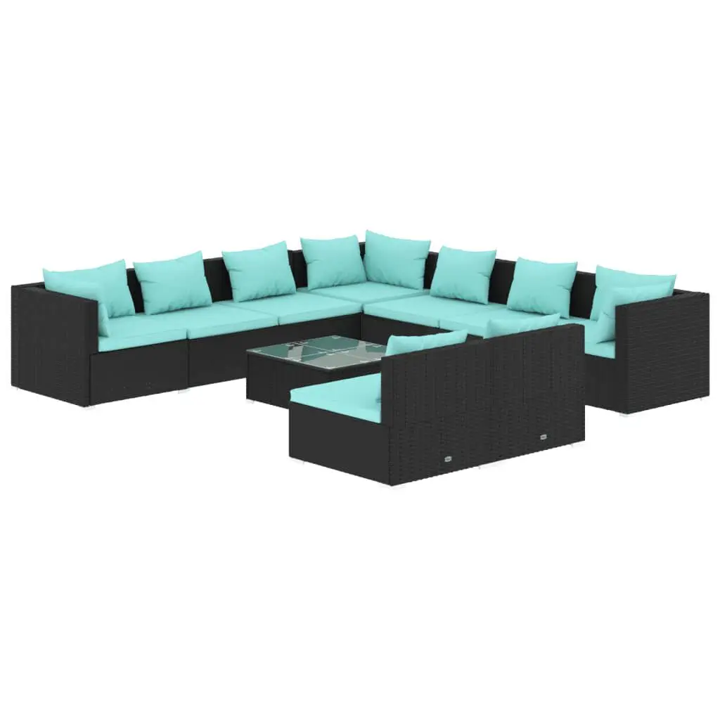 10 Piece Patio Lounge Set Cushions Black Poly Rattan Outdoor Furniture