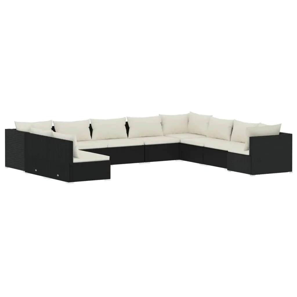 10 Piece Patio Lounge Set Cushions Black Poly Rattan Outdoor Furniture