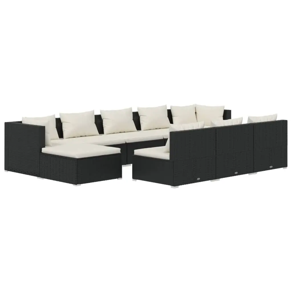 10 Piece Patio Lounge Set Cushions Black Poly Rattan Outdoor Seating