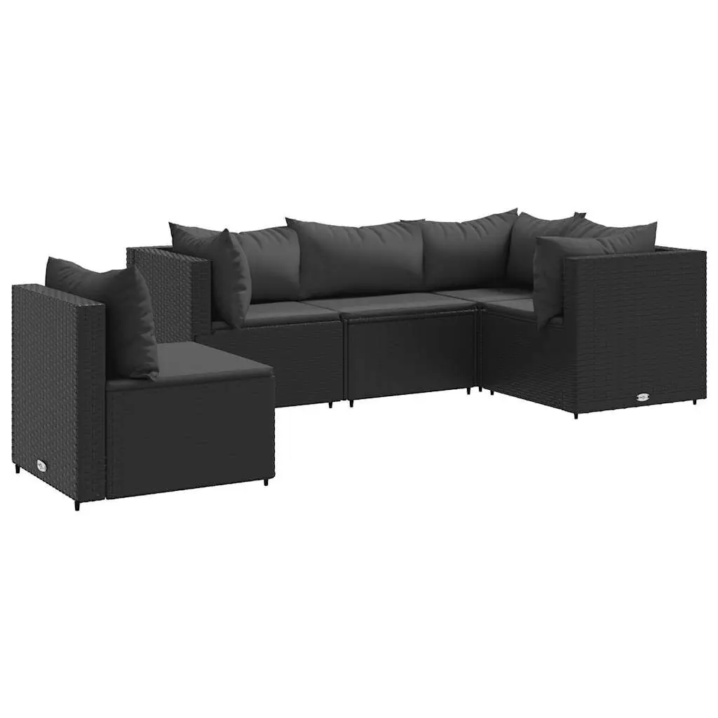 5 Piece Patio Lounge Set Cushions Black Poly Rattan Outdoor Furniture