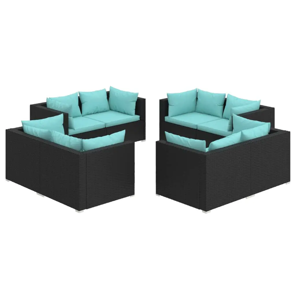 8 Piece Patio Lounge Set Cushions Black Poly Rattan Outdoor Furniture