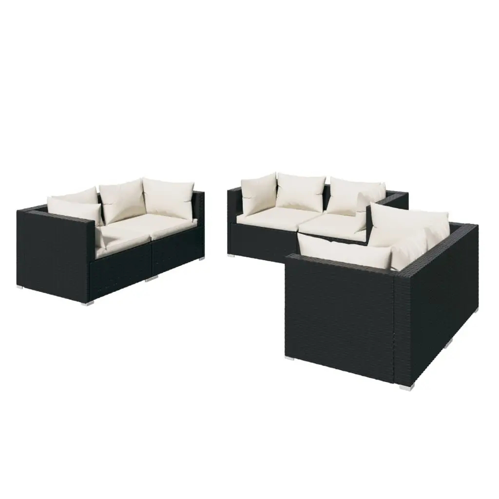 6 Piece Patio Lounge Set Cushions Black Poly Rattan Outdoor Furniture