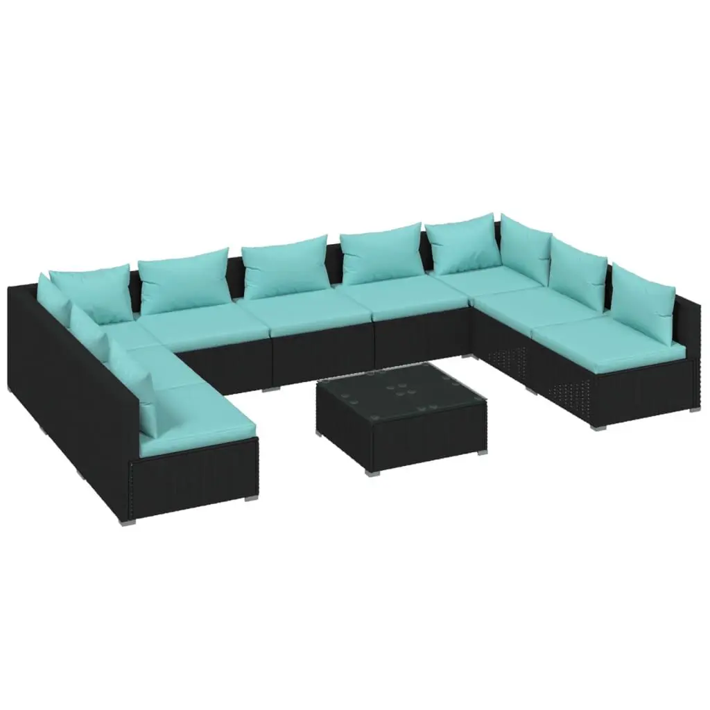 10 Piece Patio Lounge Set Cushions Black Poly Rattan Outdoor