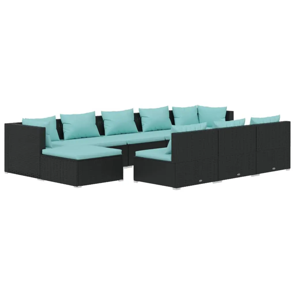 10 Piece Patio Lounge Set Cushions Black Poly Rattan Outdoor Furniture