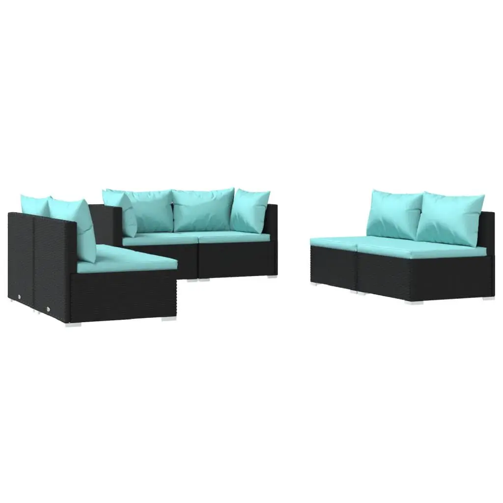6 Piece Patio Lounge Set Cushions Black Poly Rattan Outdoor Furniture