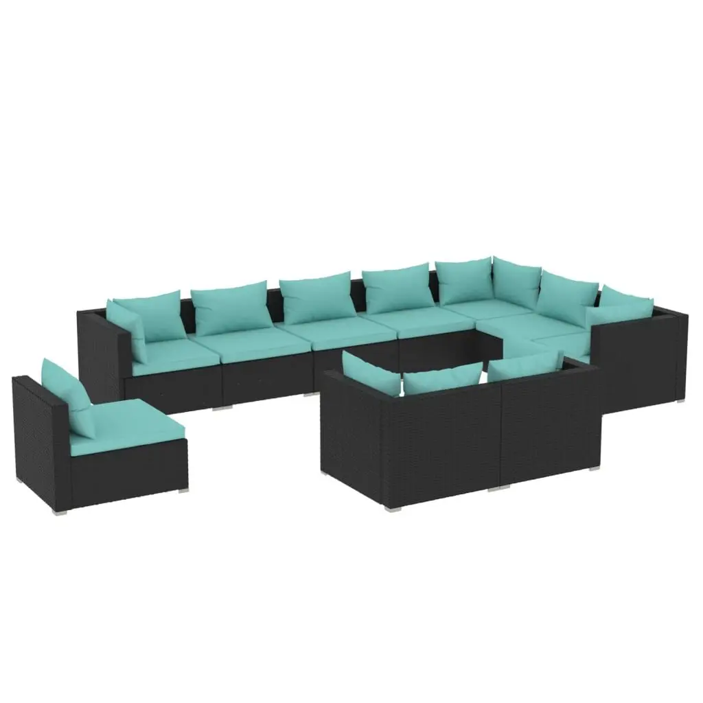 10 Piece Patio Lounge Set Cushions Black Poly Rattan Outdoor Seating