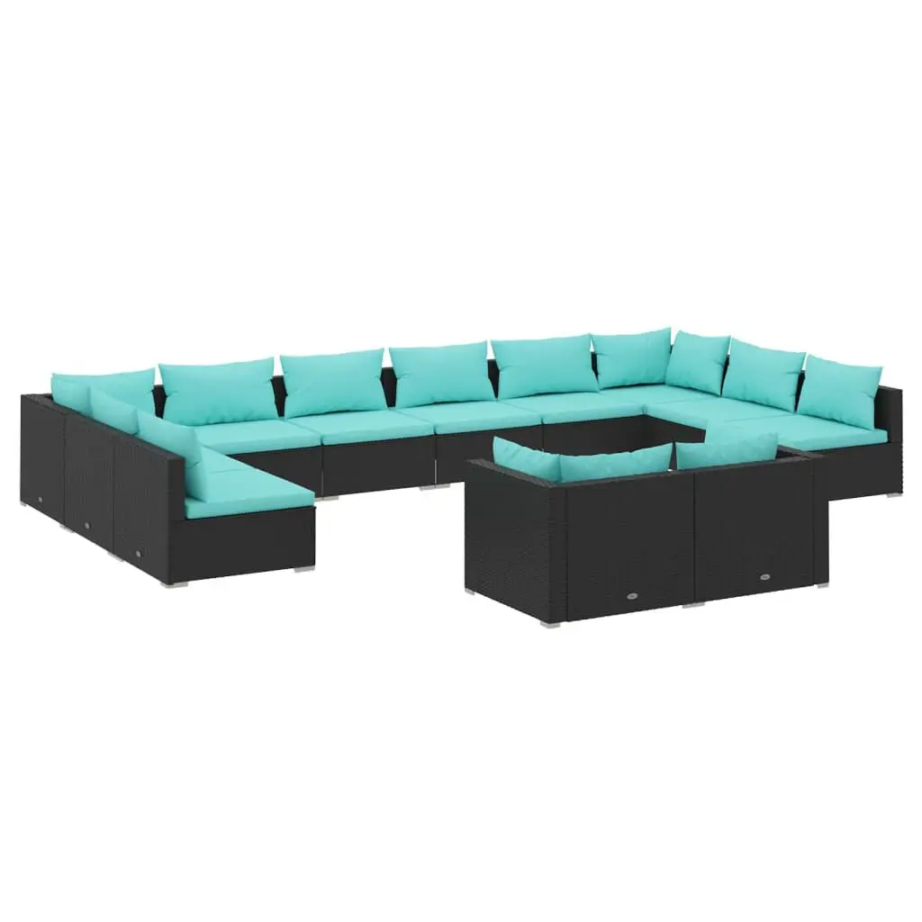 12 Piece Patio Lounge Set Cushions Black Poly Rattan Outdoor Furniture