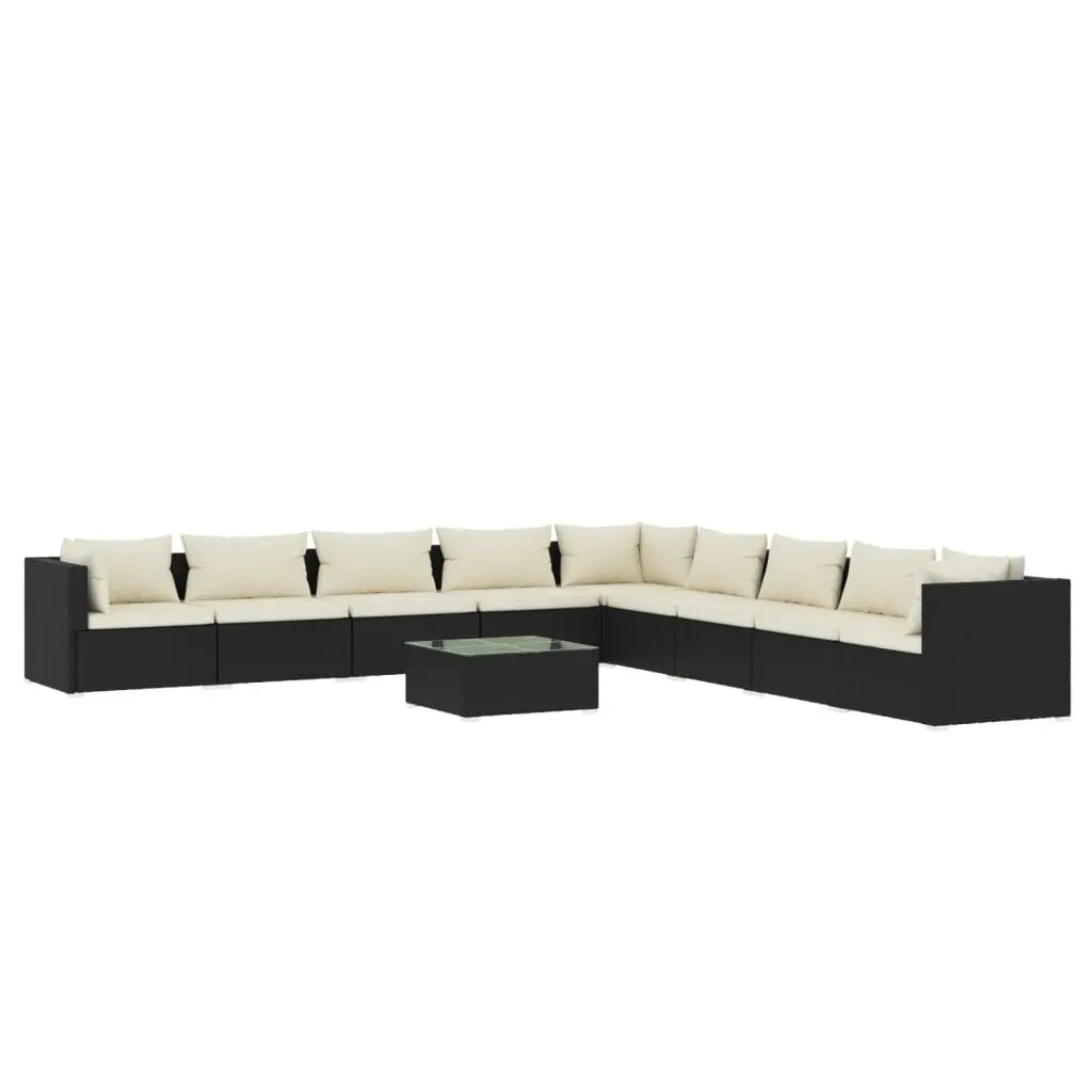 10 Piece Patio Lounge Set Cushions Black Poly Rattan Outdoor Furniture