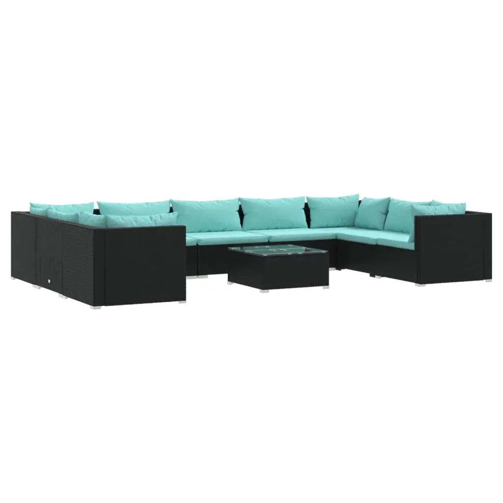 10 Piece Patio Lounge Set Cushions Black Poly Rattan Outdoor Furniture