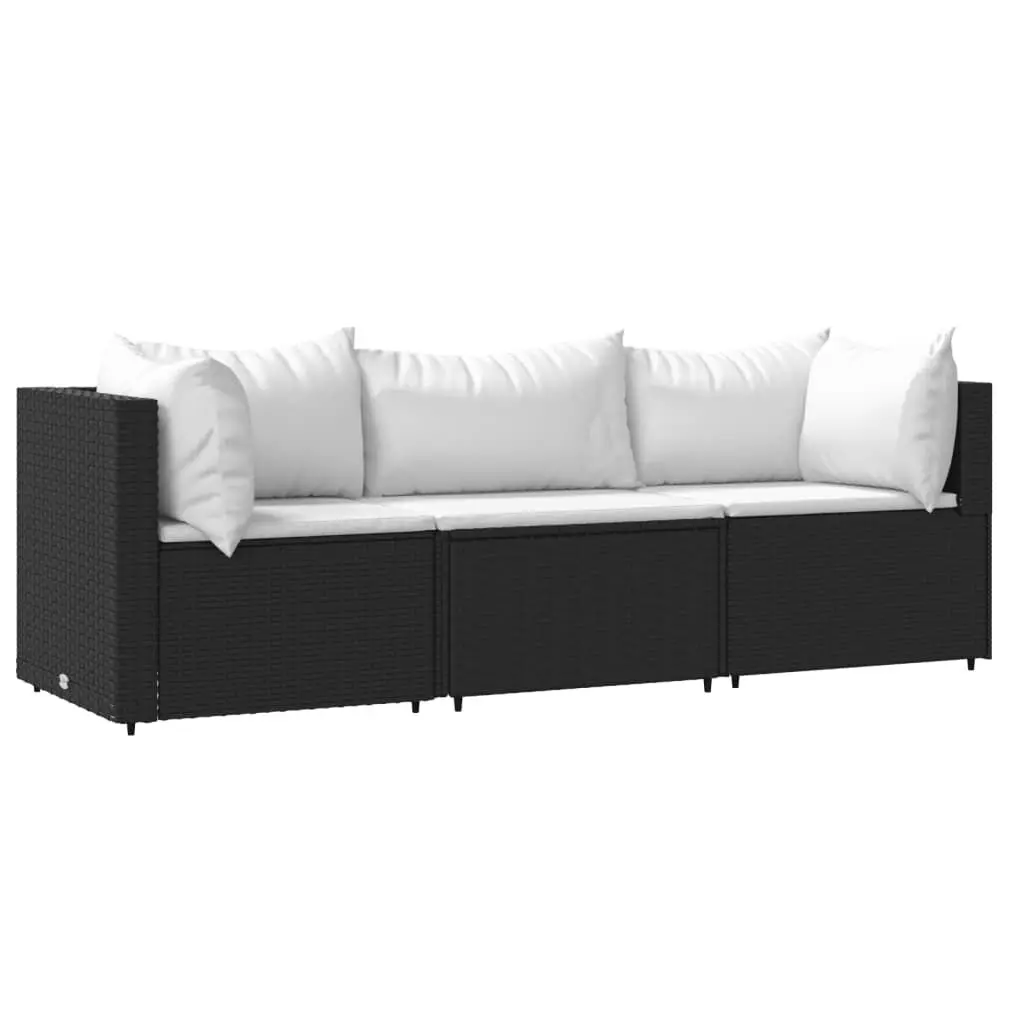 3 Piece Patio Lounge Set Cushions Black Poly Rattan Outdoor Furniture